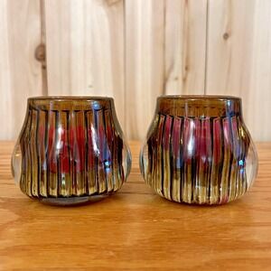 Set‎ of 2 MCM Smoke Glass Votive Candle Holders Smooth Ribbed Design Heavy Base